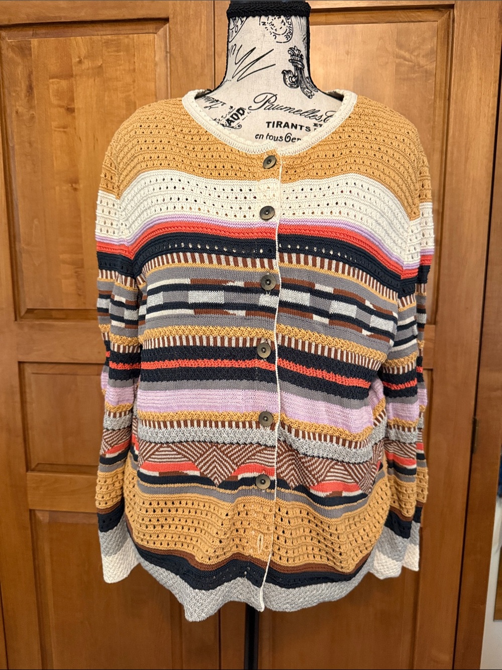 ALDO🖤MARTINS Multicolor Striped Crochet Cardigan in Mustard, Navy & Cream